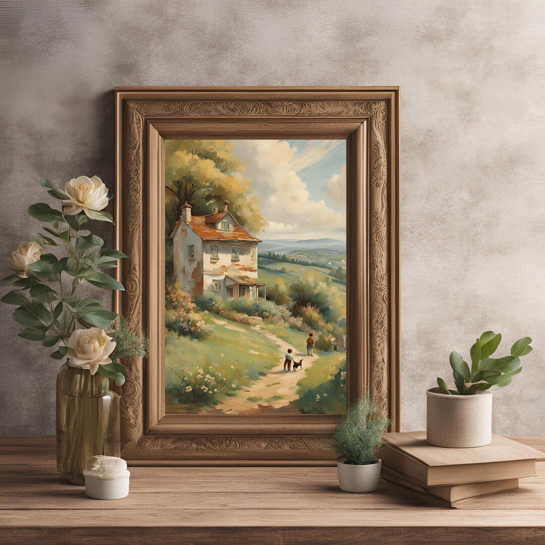 Vintage Cottagecore Wall Art Country House With Rural Landscape Country ...