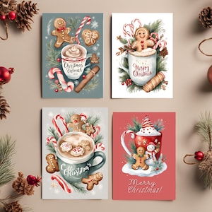 Cartes de Noël à imprimer vintage avec chocolat chaud et friandises | modèle de carte de voeux aquarelle pour les fêtes | Téléchargement PNG SVG Noël rétro | Décoration de Noël
