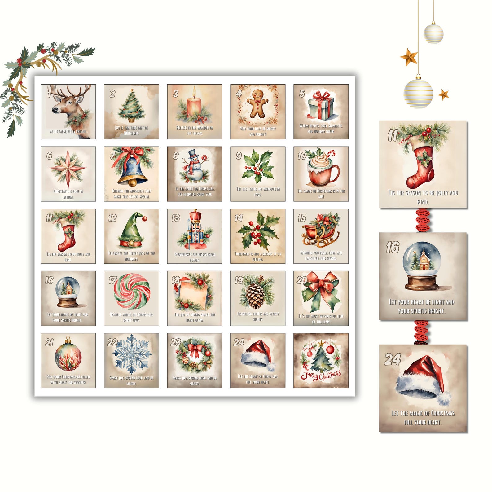 DIY Printable Advent Calendar 24 Day Christmas Countdown PNG