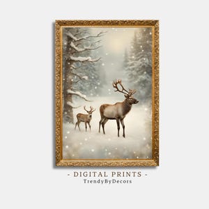 Vintage Reindeer Christmas Print: Snowy Forest Oil Painting (Digital Download)