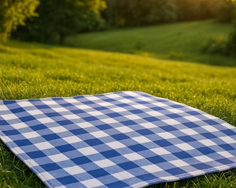 Vintage Blue Checkered Picnic Blanket: Soft Polyester Throw - Spring Summer