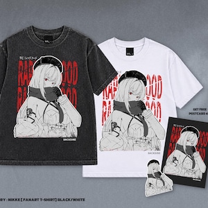 以下が含まれることがあります： ベレー帽をかぶったアニメキャラクターのグラフィックと赤い文字「RAPI: RED HOOD」がプリントされた、ブラックのケミカルウォッシュTシャツとホワイトTシャツ。同じイラストが描かれた10x15cmのポストカードと7x7cmのステッカーが付属しています。