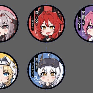 May include: Six round, colorful buttons with cartoon images of female characters. Each button has a black border and text in Japanese and English. The characters are: Scarlet, Redhood, Dorothy, Rapunzel, and Snow White.