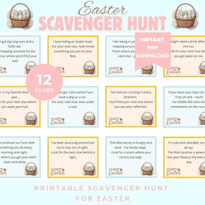 Easter Bunny Scavenger Hunt. 12 riddle clues. Indoor and Outdoor. Printable pdf.