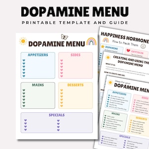 Può includere: Un modello e guida stampabile per il Menu della Dopamina con sezioni colorate per antipasti, contorni, piatti principali, dessert e speciali. Il documento include un'icona del sole, una farfalla, un arcobaleno e caselle a forma di cuore.