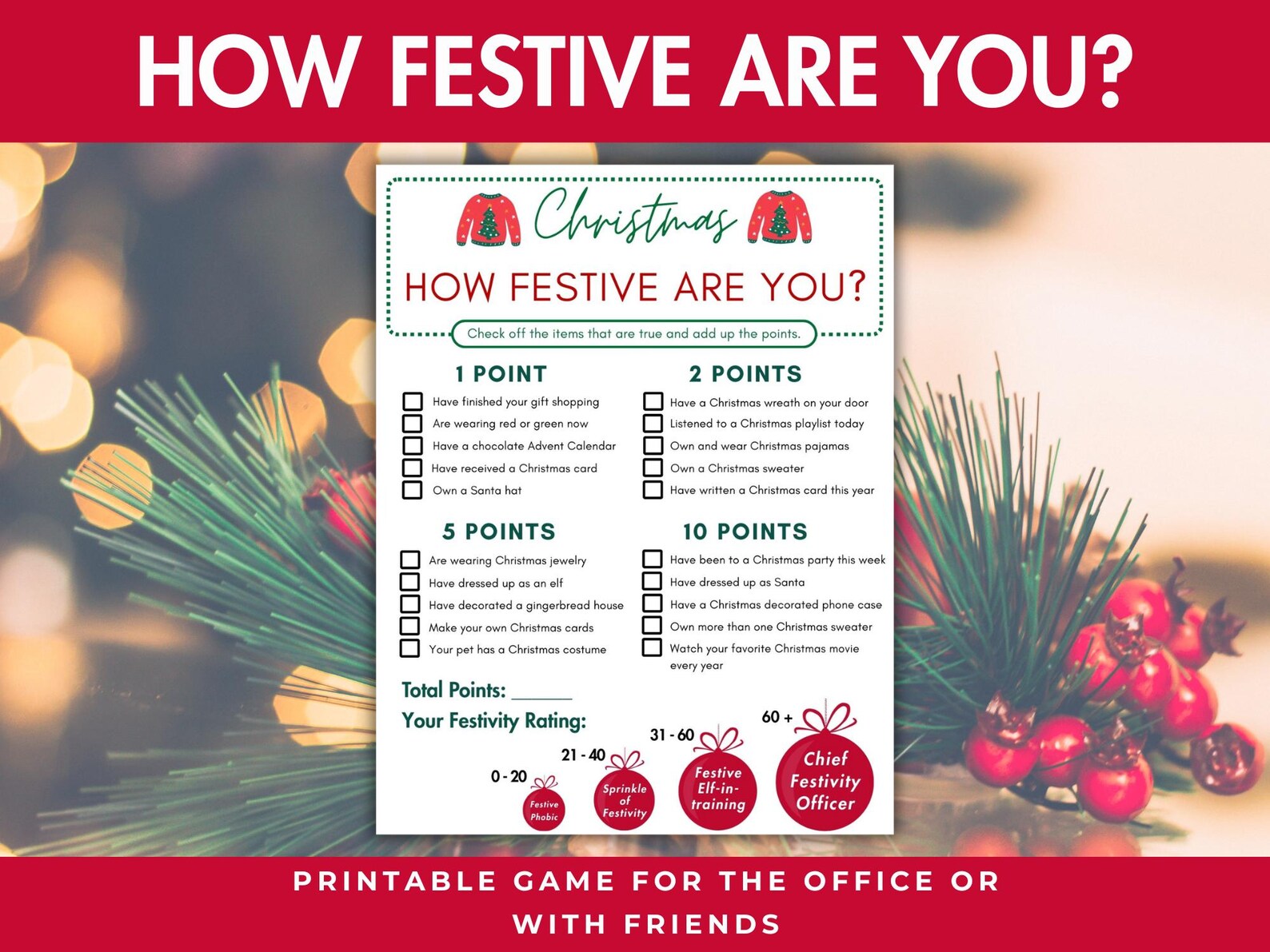 Christmas Game How Festive Are You? Printable Quiz. Holiday Office