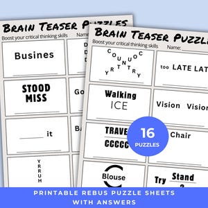 Könnte beinhalten: Zwei druckbare Brainteaser-Puzzlebögen mit schwarzem Text auf weißem Hintergrund. Die Bögen haben Rebus-Rätsel mit Lücken zum Ausfüllen. Der Text enthält "Brain Teaser Puzzles" und "Boost your critical thinking skills". Ein blauer Kreis zeigt "16 Puzzles".