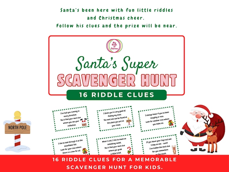 Christmas Scavenger Hunt. 16 Riddle Clues Written by Santa. Printable ...
