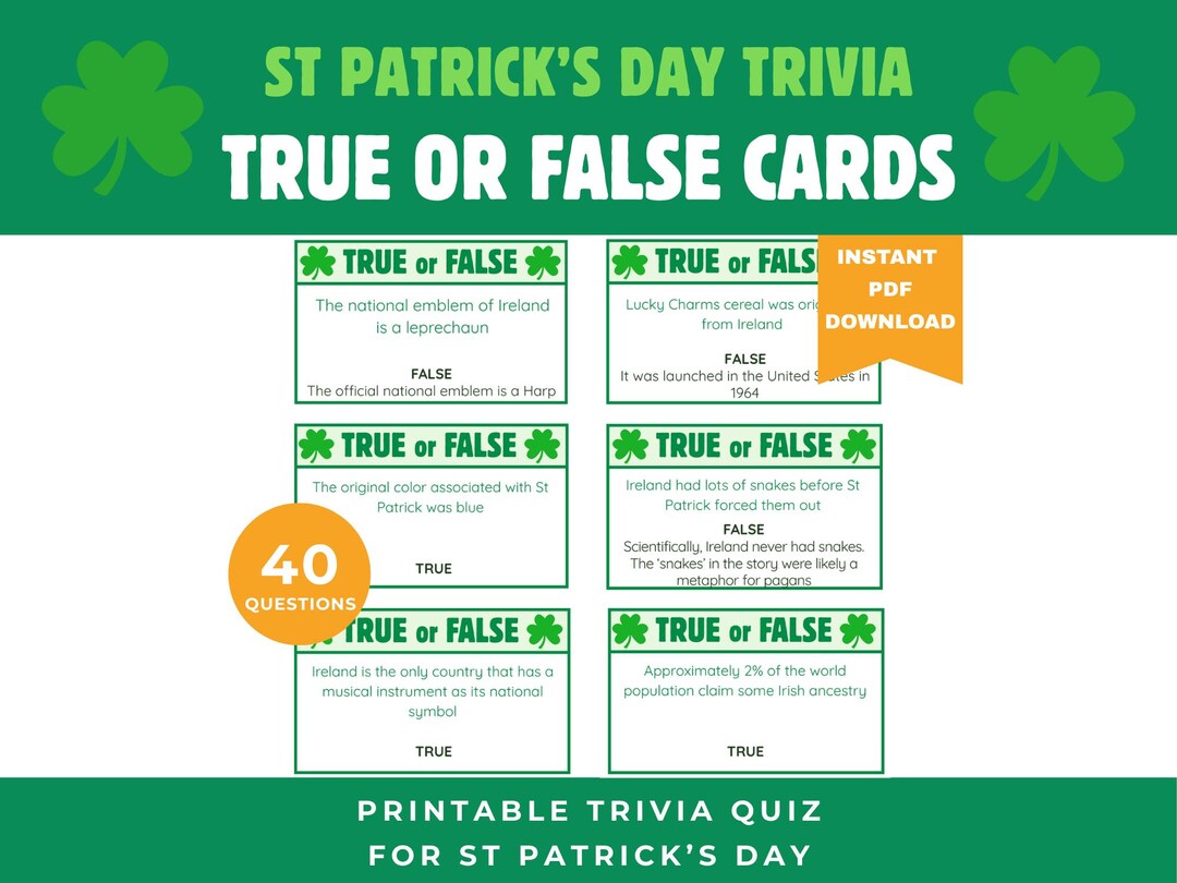 St Patrick's Day Trivia Cards. 40 True or False Cards. Printable PDF ...