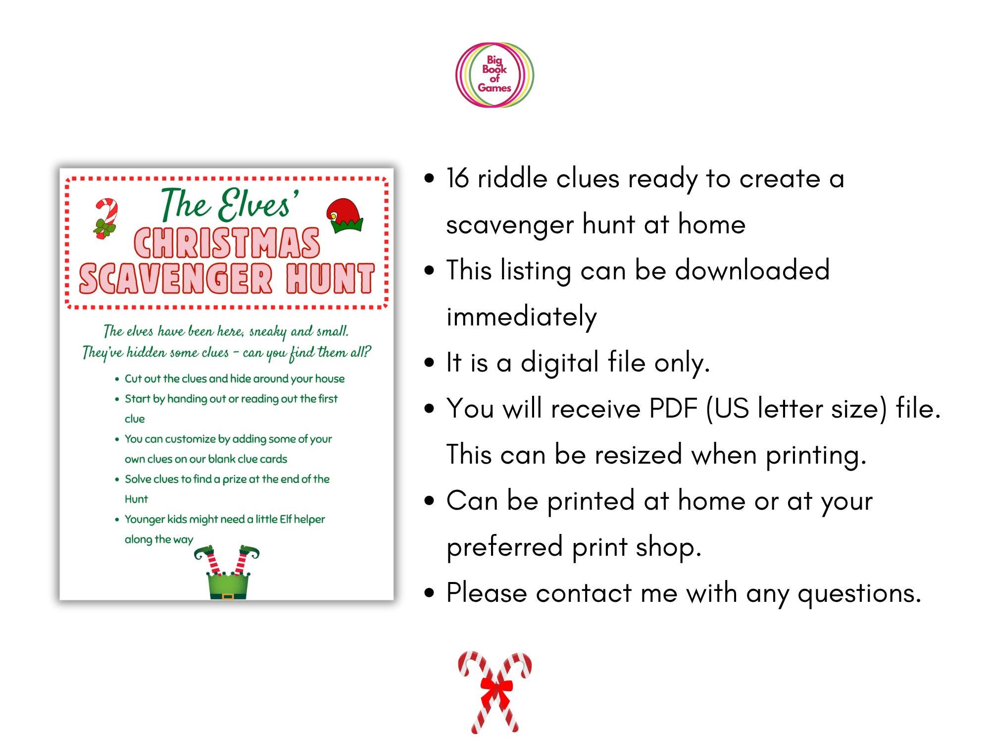 Christmas Scavenger Hunt. 16 Riddle Clues With a Christmas Elf Theme ...
