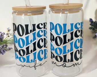 Thin Blue Line | Iced Coffee Cup | Police Wife | Police Mom | Mothers Day Gift | First Responder | Glass Cup | 16oz Cup | Gifts for Her