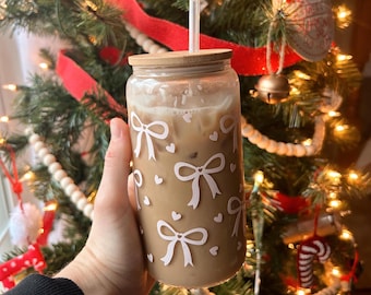 Bows and Hearts Glass Tumbler | Summer Cup Gift | Sister Gift | Cute Coffee Tumbler Cup | Libbey Iced Coffee Cup | 16 oz | Gifts for Her