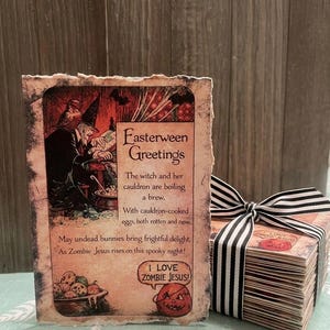 Handmade Easterween Cards – Vintage Halloween Art, Zombie Bunny Stationery (Set of 12)