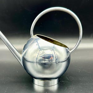 May include: A silver watering can with a round body and a curved handle. The can has a shiny, reflective surface.