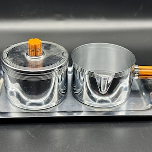 Art Deco 1930s Farberware Chrome and Butterscotch Bakelite Sugar Bowl and Creamer with Serving Tray