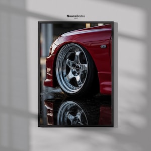 JDM Red Sports Car Poster, Chrome Wheel Detail, Garage Decor (Digital Download)