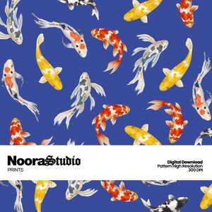 May include: A seamless pattern featuring watercolor koi fish in shades of orange, yellow, white, and black swimming on a solid blue background. The text NooraStudio PRINTS and Digital Download Pattern High Resolution 300 DPI is visible.
