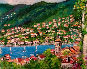 The Village of Torno, Lake Como - Original - Acrylic - 6"x6" - Impressionist - Canvas -by Teresa Dominici - Painting - Italy - Canvas