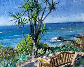 May include: A painting of a wooden bench overlooking a blue ocean with a palm tree in the foreground. The bench is made of brown wood and has a natural finish. The ocean is a bright blue and the sky is a light blue. The palm tree has green leaves and a brown trunk. The painting is signed by the artist, J. Domingo.