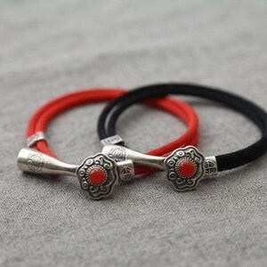 Matching Couple Red and Black String Bracelets, Tibetan Silver Ruyi Charm, Adjustable Cord Protection Jewelry, Eastern Aesthetic Gift