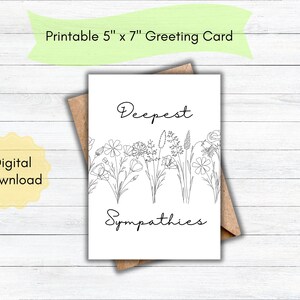Carte de condoléances imprimable, téléchargement numérique, fleurs sauvages simples, impression à la maison, carte de 5 x 7 pouces JPEG et fichier PDF téléchargeable
