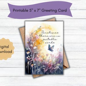 Carte de sympathie imprimable, téléchargement numérique, image douce de fleurs et de papillons, impression de la maison, carte de 5 x 7 pouces JPEG et fichier téléchargeable PDF