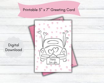 Tarjeta de recién casados: Diseño de corazones y coche (Descarga digital)