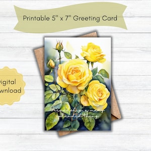 Tarjeta de amistad imprimible, descarga digital, hermosas rosas amarillas, impresión desde casa, tarjeta de 5" x 7", archivo JPEG y PDF descargable