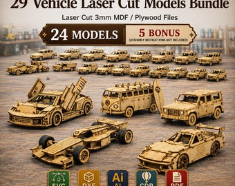 24 Fahrzeug Laser Cut Modelle Bundle + 5 Bonusmodelle | CNC-Dateien SVG DXF für Glowforge | 3D Holzautos Digital Download