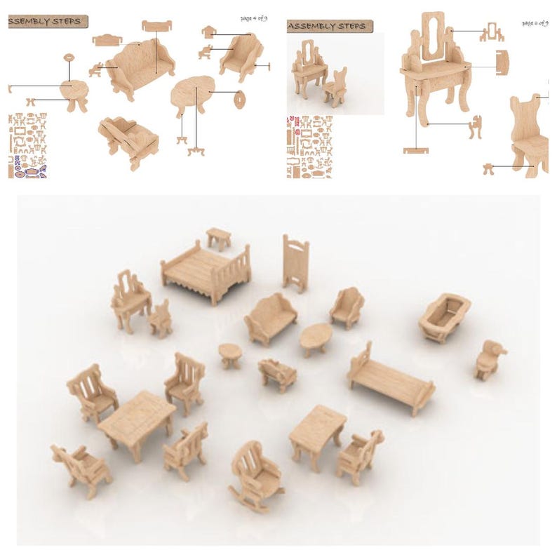 K&ouml;nnte beinhalten: Eine Sammlung von Miniatur-Holzm&ouml;beln, darunter Sofas, St&uuml;hle, Tische, Betten und ein Schminktisch. Die Teile sind hellbraun und scheinen unmontiert zu sein, mit Diagrammen, die Montageschritte zeigen. Das Set umfasst eine Vielzahl von Stilen und Gr&ouml;&szlig;en.