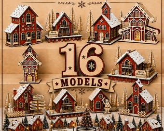 16 Weihnachtsdorf-Hausmodelle im Set | Laserschnittdateien für Glowforge | CNC-Formate: SVG, DXF, AI, CDR, PDF | Digitaler Download