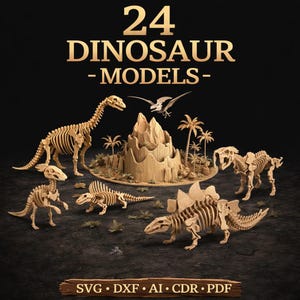 Può includere: Una collezione di 24 modelli di dinosauri in legno, tra cui un Brachiosaurus e un T-Rex, esposti su uno sfondo scuro. I modelli sono progettati per assomigliare a scheletri di dinosauri. L'immagine include il testo "24 DINOSAUR MODELS".