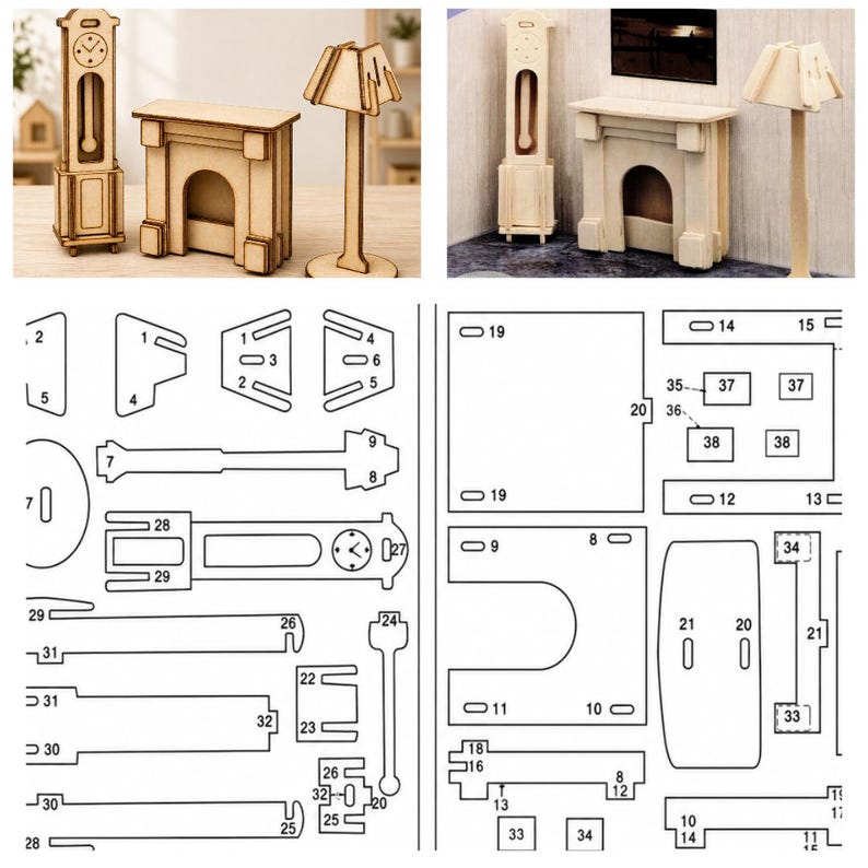 K&ouml;nnte beinhalten: Ein Miniatur-Puppenhaus-M&ouml;belset aus Holz, einschlie&szlig;lich einer Standuhr, eines Kamins und einer Stehlampe. Das Set besteht aus unfertigem Holz, das zum Bemalen oder Beizen bereit ist. Ebenfalls enthalten sind die Holzzuschnitte f&uuml;r die Montage.