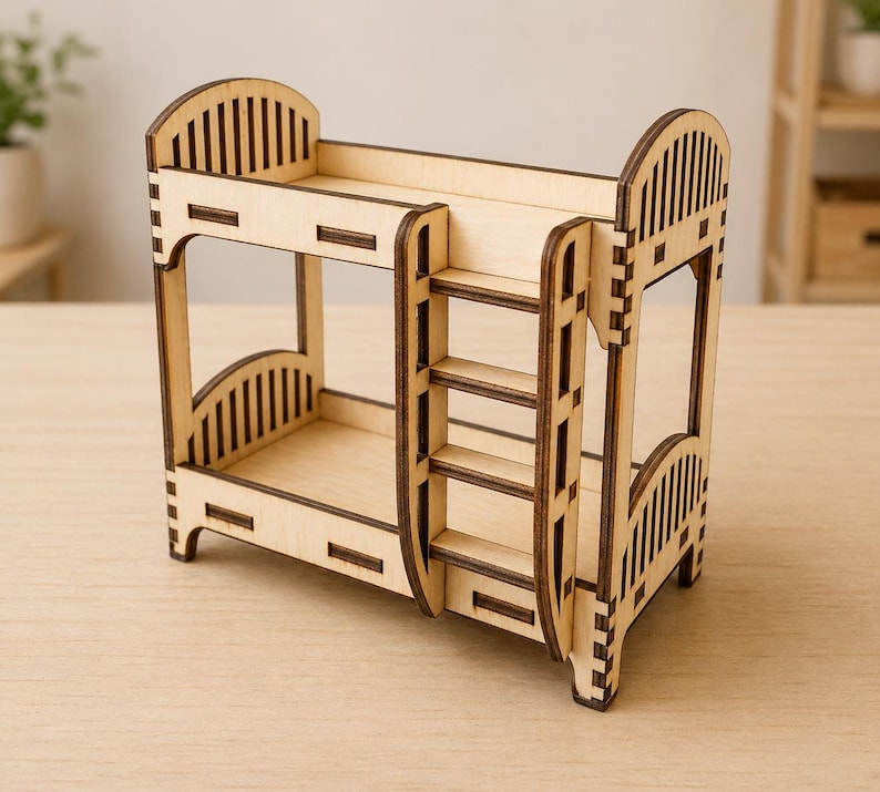 K&ouml;nnte beinhalten: Ein Miniatur-Etagenbett aus hellem Holz mit einer Leiter. Das Bett hat gew&ouml;lbte Kopf- und Fu&szlig;teile mit vertikalen Lamellen und eine kleine Leiter f&uuml;r den Zugang zum oberen Bett. Ideal f&uuml;r Puppenh&auml;user oder Miniatur-Ausstellungen.