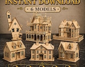 6 Miniature House Models Bundle | Laser Cut SVG DXF Files for Glowforge & CNC | Wooden Village Houses Digital Download