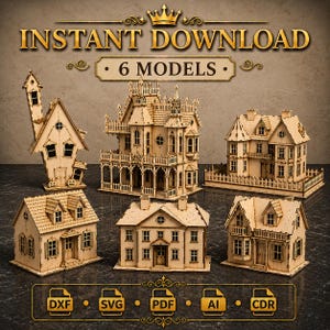 Puede incluir: Se muestran seis modelos de casas de madera detalladas, que muestran varios estilos arquitectónicos, incluido un diseño de casa embrujada. La imagen presenta el texto "INSTANT DOWNLOAD" y "6 MODELS."