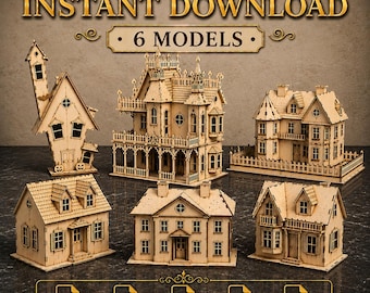 6 Miniatur Haus Modelle Bundle | Laser geschnittene SVG-DXF-Dateien für Glowforge & CNC | Hölzerne Dorfhäuser Digitaler Download