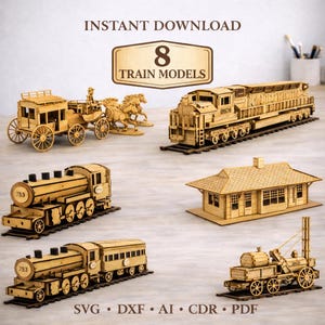 レーザーカット鉄道模型セット｜鉄道模型8点、駅、駅馬車（デジタルダウンロード）