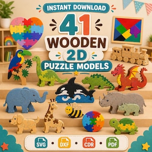 Peut inclure: Une collection de 41 modèles de puzzles 2D en bois représentant diverses formes d'animaux, dont un toucan, un dinosaure, un éléphant, une girafe, une abeille, un orque, un rhinocéros, un chien et une tortue, avec un puzzle en cœur et un train.