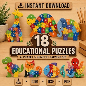 Pacchetto di 18 tavolette puzzle educative Montessori / Apprendimento dell'alfabeto e dei numeri / File per taglio laser svg, dxf, ai, cdr, pdf per Glowforge
