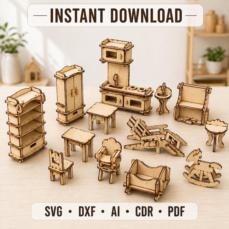 K&ouml;nnte beinhalten: Eine Sammlung von Miniatur-Puppenhausm&ouml;beln aus Holz, darunter ein Schrank, Regale, Tische, St&uuml;hle, ein Schaukelpferd und eine K&uuml;chenzeile. Der Text "INSTANT DOWNLOAD" und Dateityp-Abk&uuml;rzungen sind zu sehen.