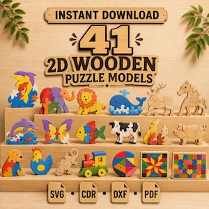 Può includere: Una collezione di 41 modelli di puzzle in legno 2D raffiguranti vari animali come elefanti, leoni, balene e cavalli, insieme a forme geometriche e un treno. Il testo recita INSTANT DOWNLOAD 41 2D WOODEN PUZZLE MODELS con icone SVG, CDR, DXF, PDF.