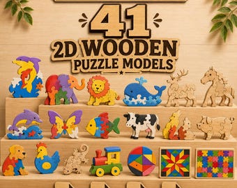 Puede incluir: Una colección de 41 modelos de rompecabezas de madera en 2D con varios animales como elefantes, leones, ballenas y caballos, junto a formas geométricas y un tren. El texto dice INSTANT DOWNLOAD 41 2D WOODEN PUZZLE MODELS con iconos SVG, CDR, DXF, PDF.