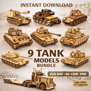 May include: A bundle of nine wooden tank models, each with intricate details and varying designs. The tanks are displayed on a white background, with the text "INSTANT DOWNLOAD" and "9 TANK MODELS BUNDLE" visible. The models are designed for laser cutting.