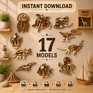Op de afbeelding: Een digitale collectie van 17 gelaagde houten wandkunstmodellen met diverse dinosaurussen en zeedieren, waaronder een kwal, zeeschildpad, rog en octopus. De set bevat SVG, DXF, AI, CDR en PDF-bestandsformaten voor directe download.