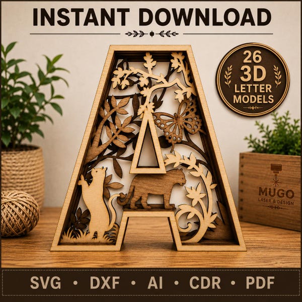 Layered Alphabet Letters Bundle | 3D Wooden A-Z Laser Cut Files | Glowforge CNC svg, dxf, ai, cdr, pdf | Digital Download