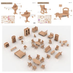 K&ouml;nnte beinhalten: Eine Sammlung unmontierter Holzm&ouml;bel f&uuml;r ein Puppenhaus, darunter Betten, St&uuml;hle, Tische und Schr&auml;nke. Das Bild zeigt auch Montageschritte f&uuml;r einige der Teile. Die M&ouml;bel sind hellbraun und scheinen aus Holz zu sein.