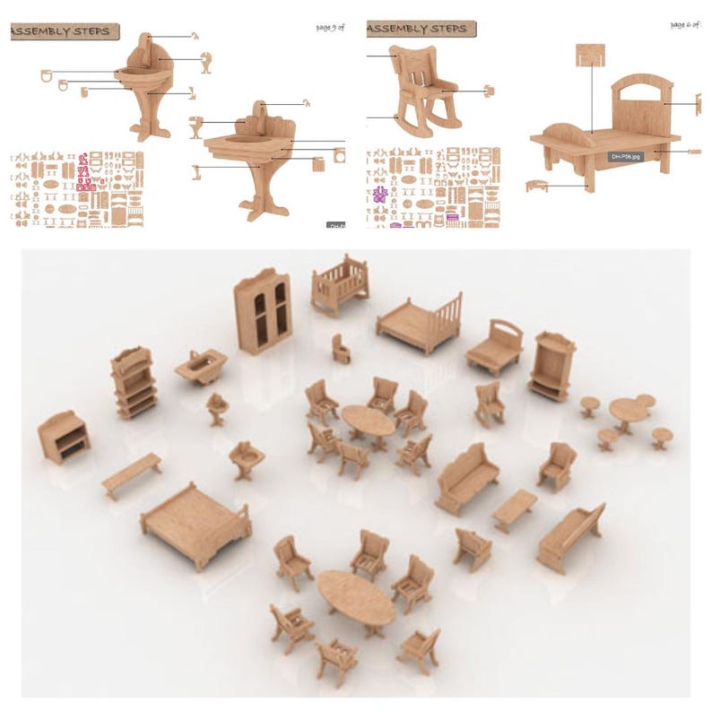 K&ouml;nnte beinhalten: Eine Sammlung unmontierter Holzm&ouml;bel f&uuml;r ein Puppenhaus, darunter Betten, St&uuml;hle, Tische und Schr&auml;nke. Das Bild zeigt auch Montageschritte f&uuml;r einige der Teile. Die M&ouml;bel sind hellbraun und scheinen aus Holz zu sein.