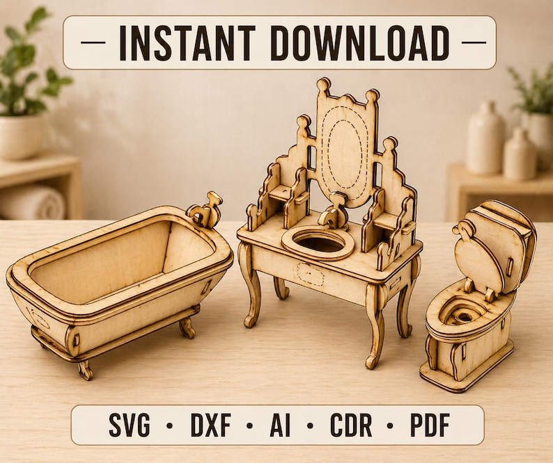 K&ouml;nnte beinhalten: Ein Miniatur-Badezimmer-Set aus Holz, bestehend aus einer Badewanne, einem Waschtisch mit Spiegel und einer Toilette. Das Set ist aus hellem Holz gefertigt und mit aufwendigen Details versehen. Der Text "INSTANT DOWNLOAD" steht oben.