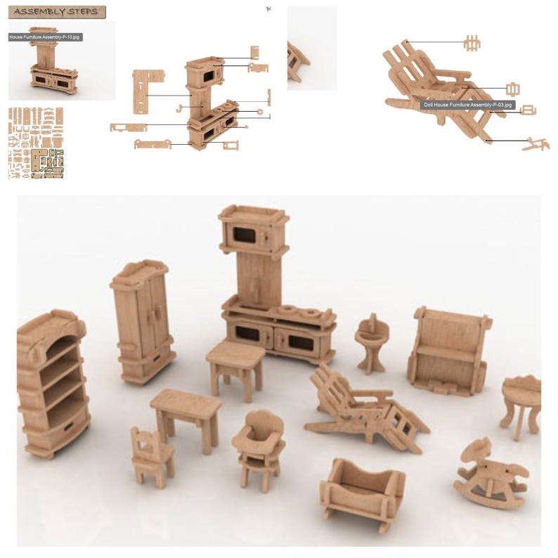 K&ouml;nnte beinhalten: Eine Sammlung unlackierter Holzm&ouml;bel f&uuml;r ein Puppenhaus, darunter ein Schrank, Regale, ein Tisch, ein Stuhl, eine Babywiege, ein Schaukelpferd und ein Liegestuhl. Die Teile sind hellbraun und bereit zum Zusammenbau oder Bemalen.